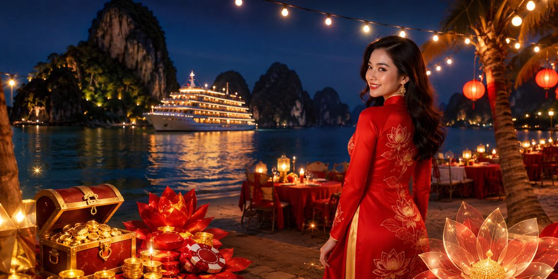 Phụ nữ áo dài truyền thống trải nghiệm giải trí casino bên vịnh Hạ Long